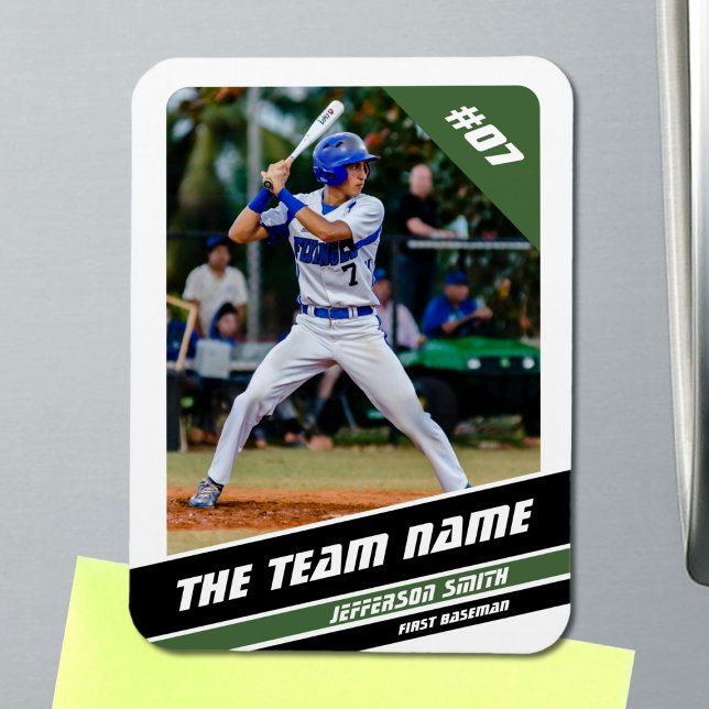 Baseball Player Customizable White Green Magnet (Baseball Player Magnet in White with Custom Team Name and Black Green Stripes)