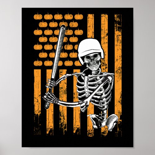 Baseball Player Fan Skeleton Halloween USA Flag Poster