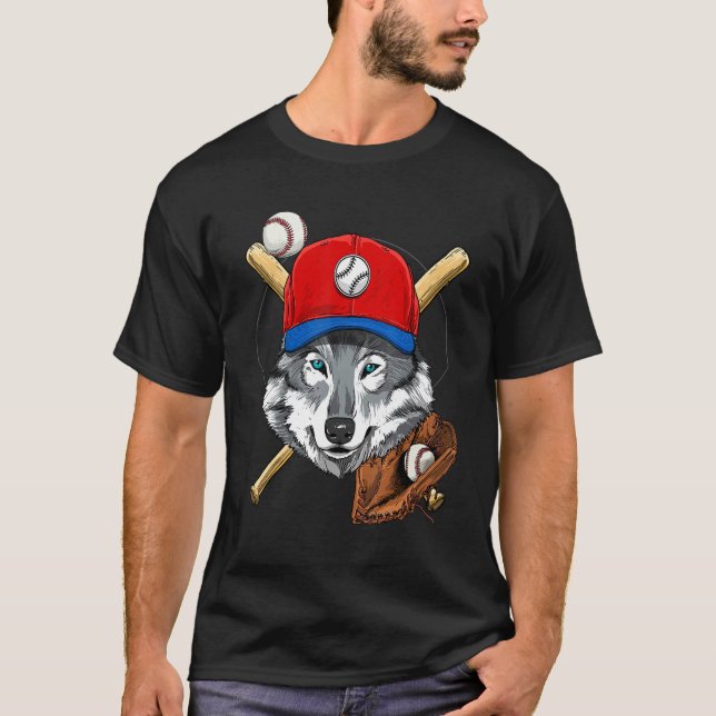 Baseball Player Gray Wolf Pitcher Catcher Baseball T-Shirt (Front)