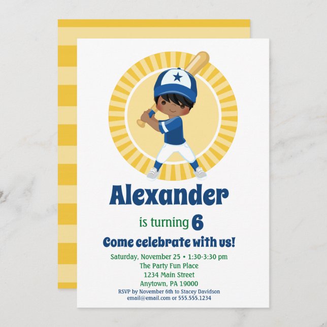 Baseball Player Hispanic Boys Birthday Invitation (Front/Back)