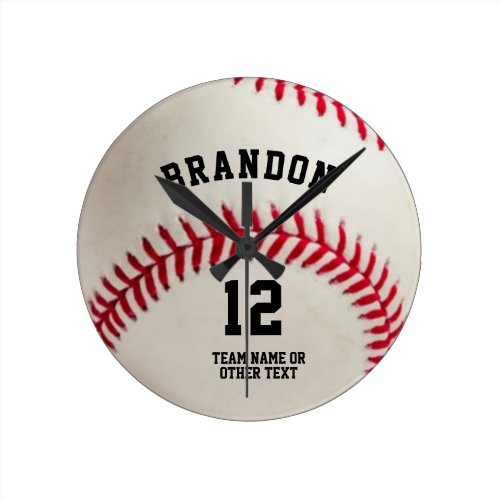 Baseball Player Name Number Personalized Round Clock - Ideal gift for the baseball player, coach or player's fan you know. Personalize with name, jersey number, team name or other text. Contact the designer via Zazzle Chat or makeitaboutyoustore@gmail.com if you'd like this design modified or on another product.