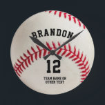 Baseball Player Name Number Personalized Round Clock<br><div class="desc">Ideal gift for the baseball player,  coach or player's fan you know. Personalize with name,  jersey number,  team name or other text. Contact the designer via Zazzle Chat or makeitaboutyoustore@gmail.com if you'd like this design modified or on another product.</div>