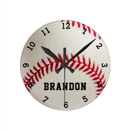 Baseball Player Name Personalized  Round Clock - Personalized baseball wall clock. Ideal gift for the baseball player, coach or young boy's room decor. Contact the designer via Zazzle Chat or makeitaboutyoustore@gmail.com if you'd like this design modified or on another product.