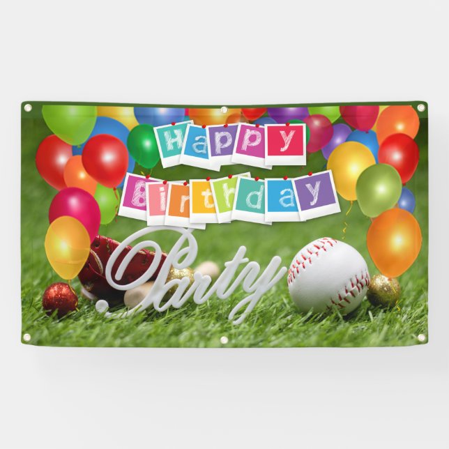 Baseball Player Party Happy Birthday with balloon  Banner (Horizontal)