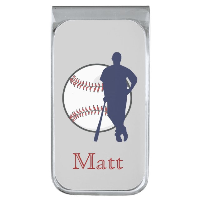 Baseball Player Personalized Silver Finish Money Clip (Front Vertical)