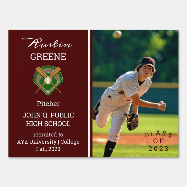 Baseball Player Photo Maroon Graduation  Sign (Front)