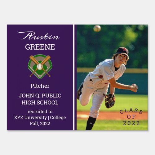 Baseball Player Photo Purple Graduation  Sign