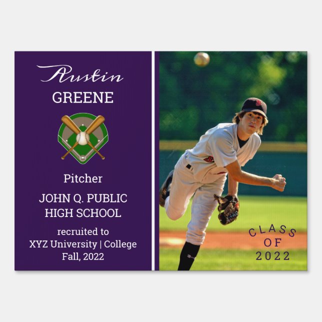 Baseball Player Photo Purple Graduation  Sign (Front)