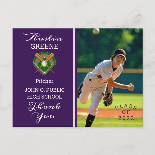 Baseball Player Photo Purple Graduation Thank You Postcard