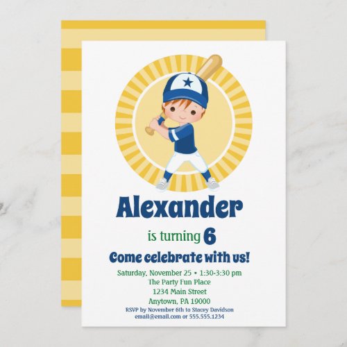 Baseball Player Red Hair Boys Birthday Invitation