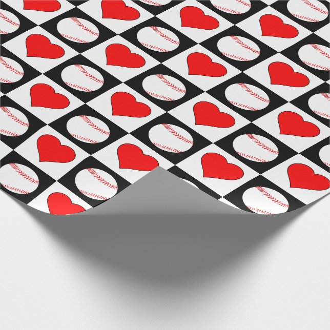Baseball Player Red Heart Checker Pattern Wrapping Paper (Corner)