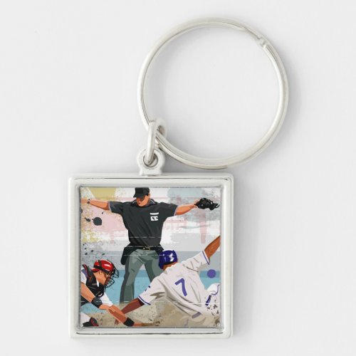 Baseball player safe at home plate keychain