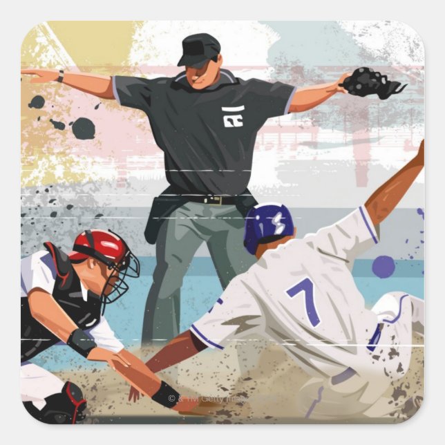 Baseball player safe at home plate square sticker (Front)