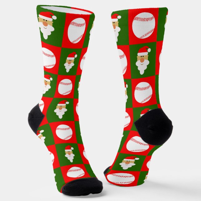 Baseball Player Santa Christmas Pattern Holiday Socks (Angled)