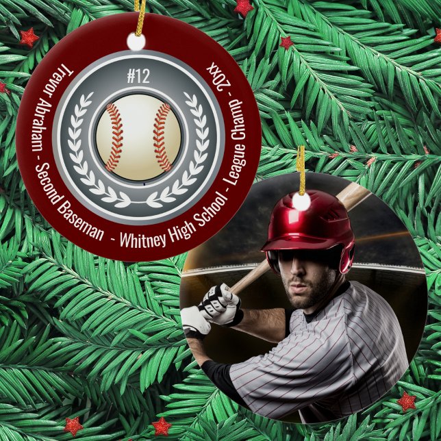Baseball Player School Silver Gray Red Photo Ceramic Ornament (Personalized baseball ornament featuring team colors, photo, name, number, and school details.)