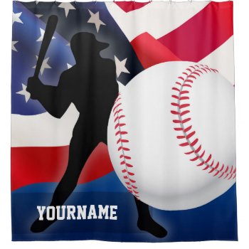 Baseball Player Silhouette With American Us Flag Shower Curtain by ShowerCurtain101 at Zazzle