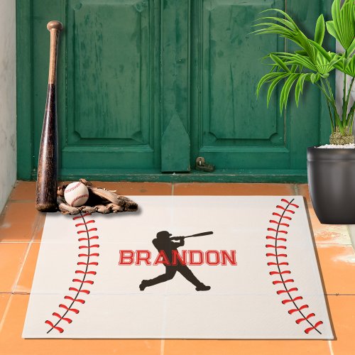 Baseball Player Silhouette With Name Sports Theme  Doormat