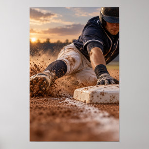 Baseball Player Sliding Into Base at Sunset Wall A Poster