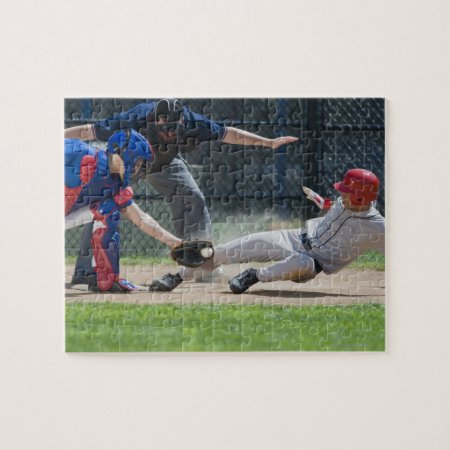 Baseball Player Sliding Into Home Plate Jigsaw Puzzle