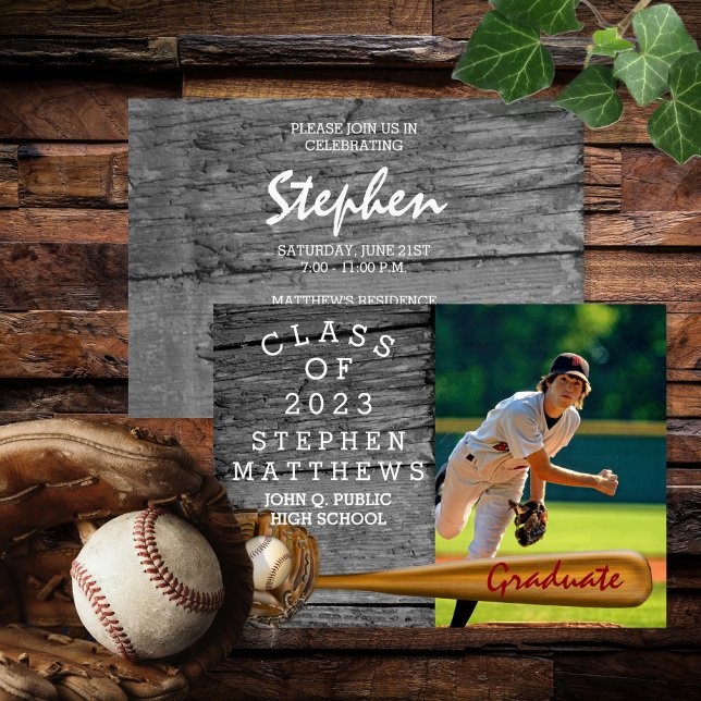 Baseball Player Sports Rustic Photo Graduation Invitation (Creator Uploaded)