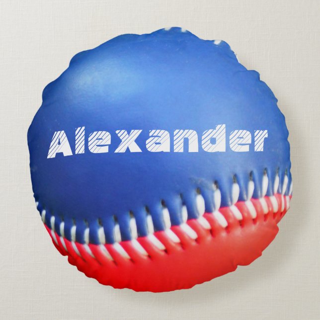 Baseball player team name number  Red White Blue Round Pillow (Back)