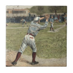 Baseball Player Thrown Out at Second Base Tile<br><div class="desc">This painting belongs in Ken Burns' baseball documentary! A player is thrown out at second as he hustles to reach the base. The perfect gift for the seamhead in your life!</div>