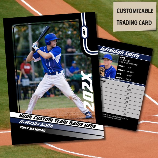 Baseball Player Trading Card Custom Blue Gift (Baseball Player Trading Card in Black with Custom Team Name and Blue White Elements)