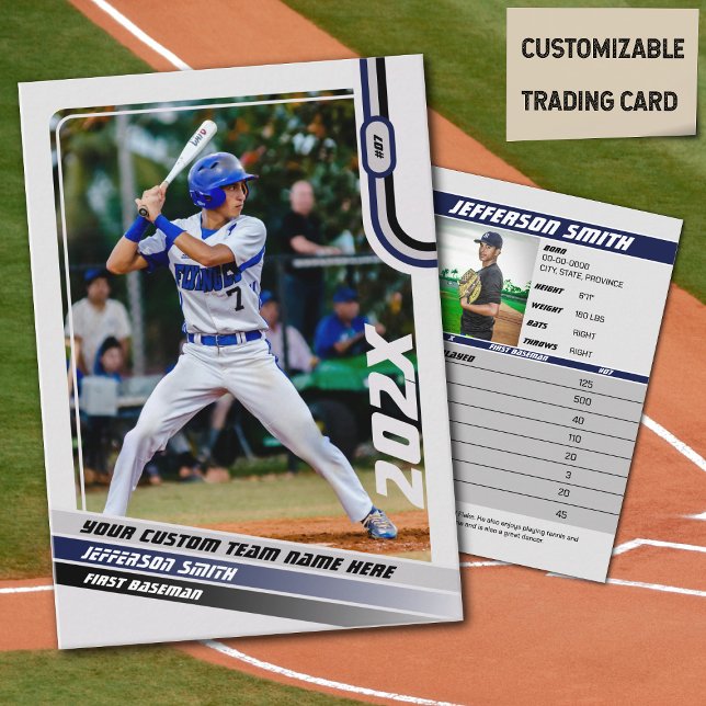 Baseball Player Trading Card Custom Blue Grey (Baseball Player Trading Card in Light Grey with Custom Team Name and Blue and Black Elements)