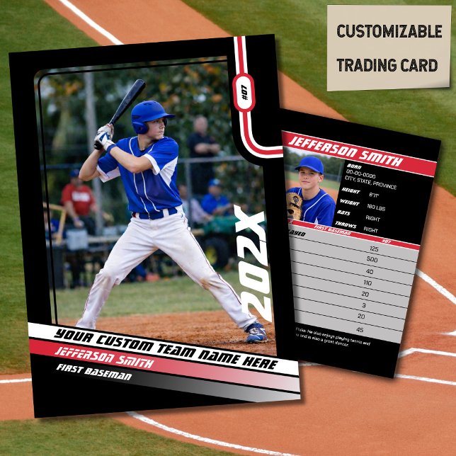 Baseball Player Trading Card Custom Red Gift  (Baseball Player Trading Card in Black with Custom Team Name and Red White Elements)