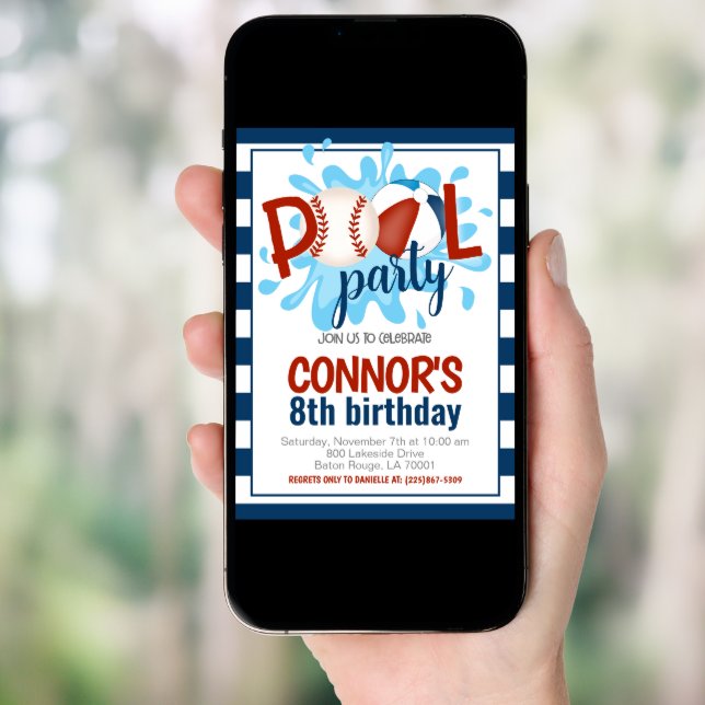 Baseball Pool Party Birthday Invitation (Front Digital)