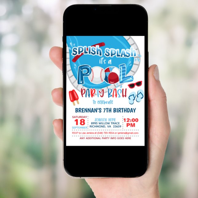 Baseball Pool Party Invitation - Boy - Wh (Front Digital)