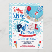 Baseball Pool Party Splish Splash Pool Birthday  Invitation