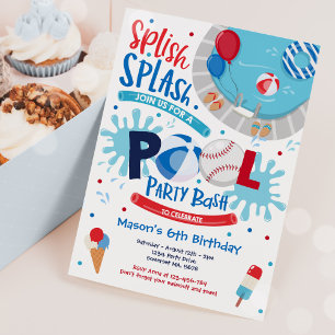 Baseball Pool Party Splish Splash Pool Birthday  Invitation