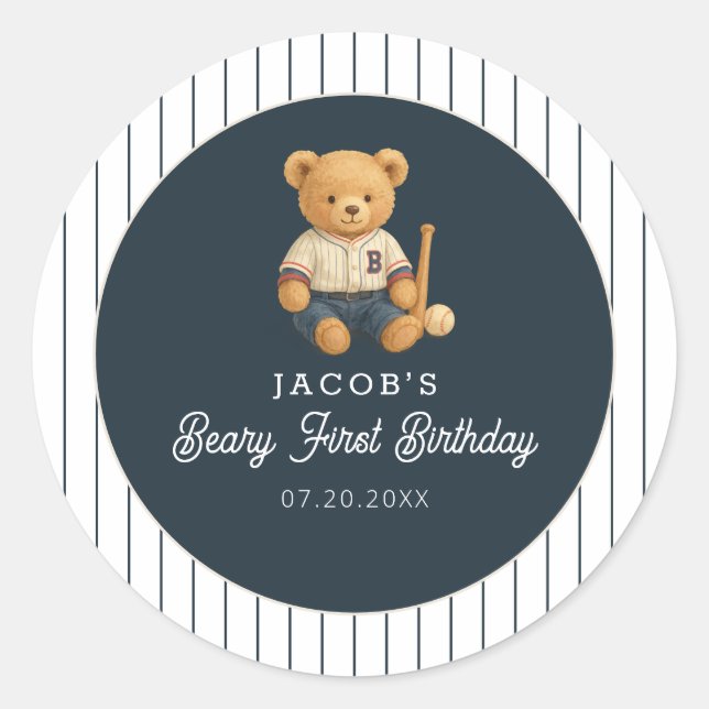 Baseball Preppy Bear 1st Birthday Classic Round Sticker (Front)