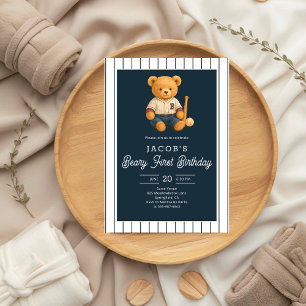 Baseball Preppy Bear 1st Birthday Invitation