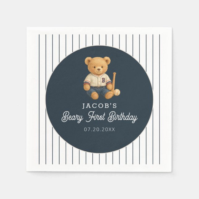Baseball Preppy Bear 1st Birthday Napkins (Front)