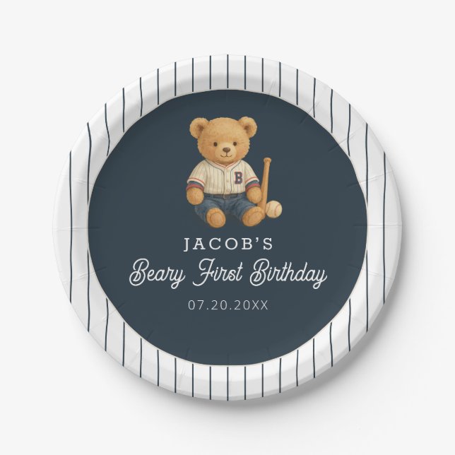 Baseball Preppy Bear 1st Birthday Paper Plates (Front)