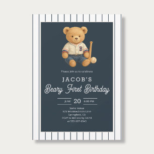 Baseball Preppy Teddy Bear 1st Birthday Invitation