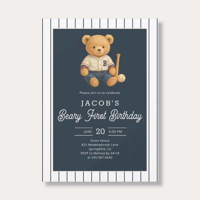 Baseball Preppy Teddy Bear 1st Birthday Invitation (Creator Uploaded)
