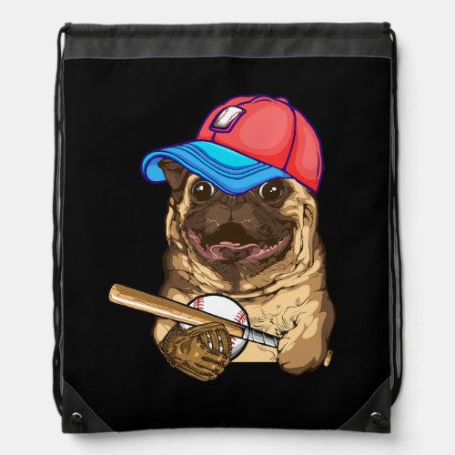Baseball Pug Wearing Hat Coach Player Sport Animal Drawstring Bag