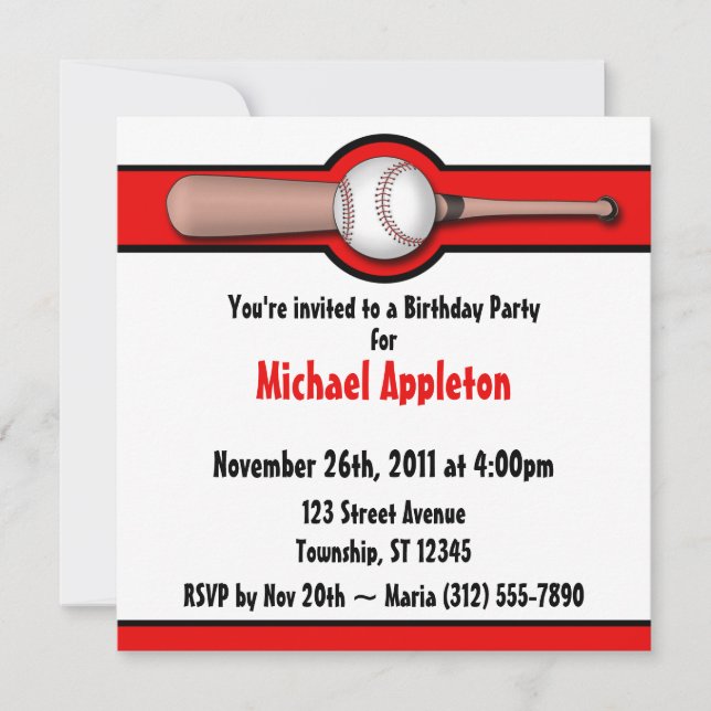 Baseball Red Birthday Invitations (Front)
