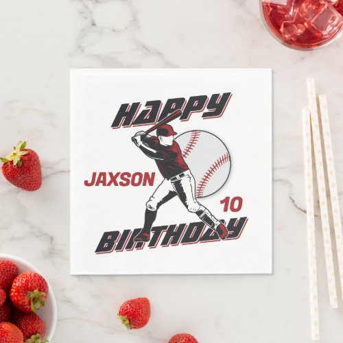 Baseball Red Black Any Age Happy Birthday Napkins