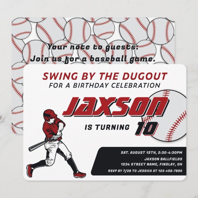 Baseball Red Black Birthday Party Invitation (Front/Back)