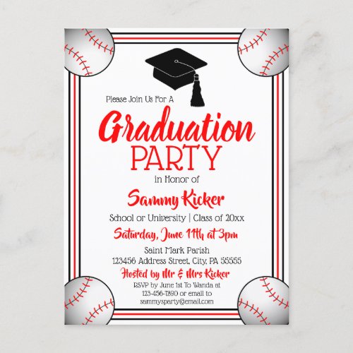 Baseball Red  Black Graduation Party Invitation Postcard
