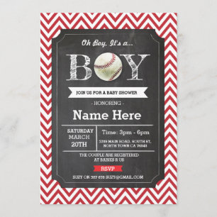 Baseball Red Boy Baby Shower Chevron Invite