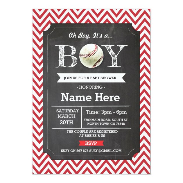 Baseball Red Boy Baby Shower Chevron Invite