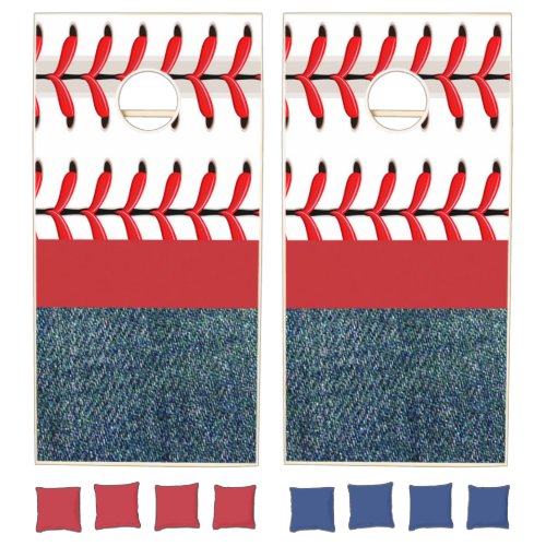 Baseball Red Stitching and Blue Denim Cornhole Set