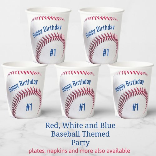 Baseball Red White and Blue Name and Age Party Paper Cups