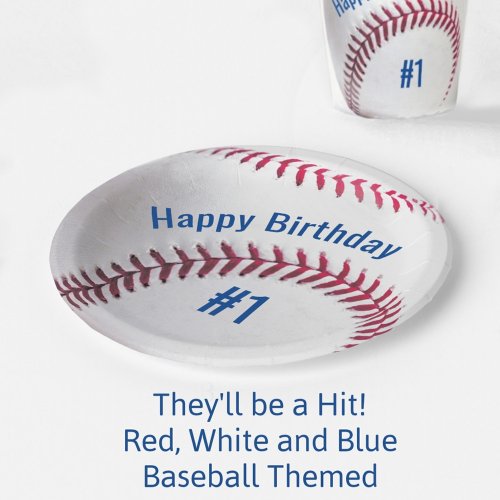 Baseball Red White and Blue with Name and Age Paper Plates
