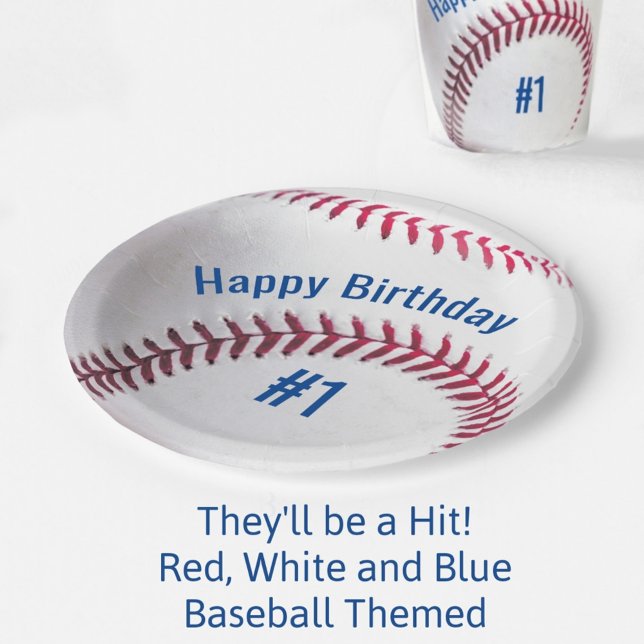 Baseball Red White and Blue with Name and Age Paper Plates (Creator Uploaded)